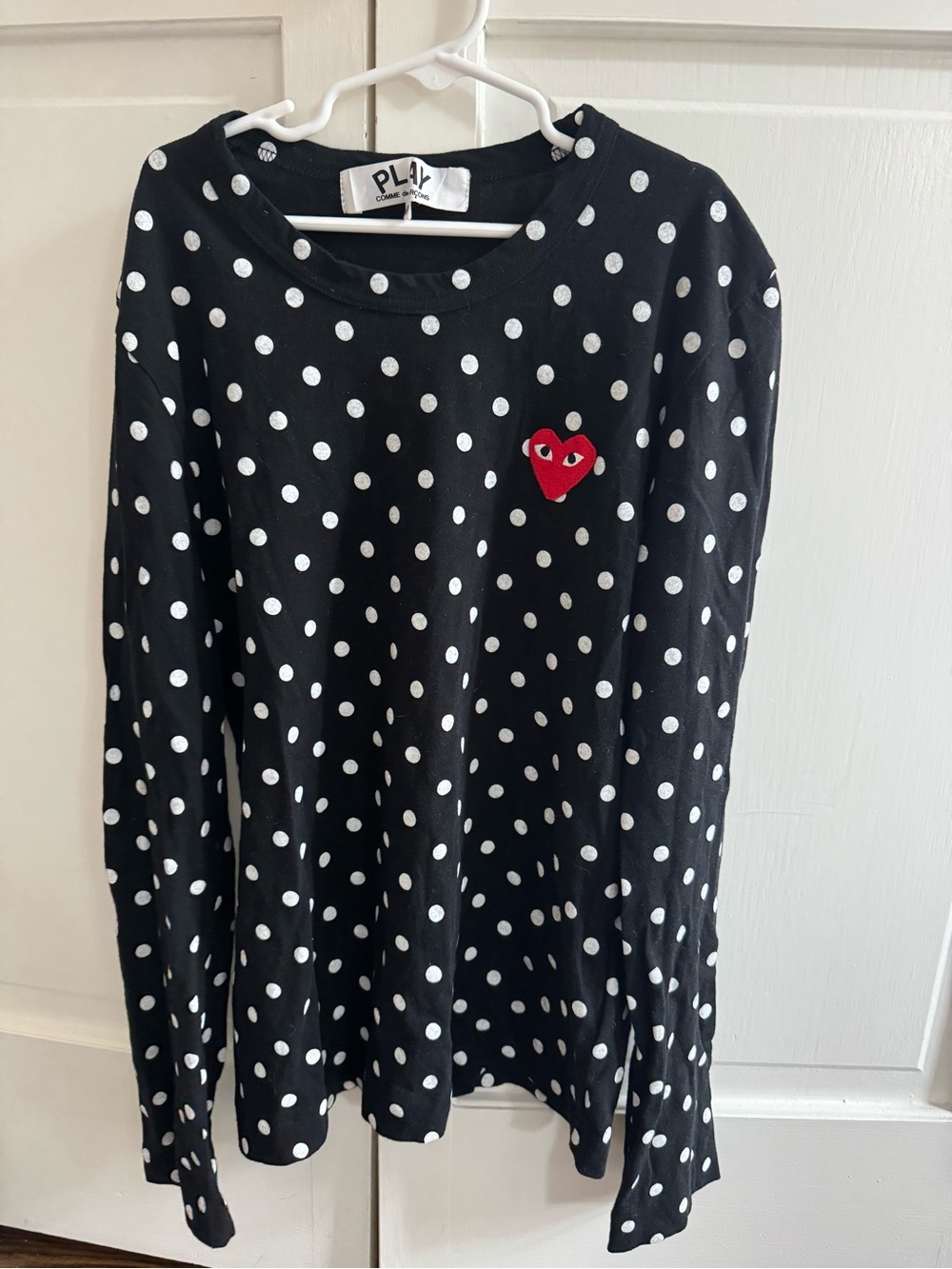 Comme des Garcons PLAY Black Polka Dot Long-Sleeve Tee with Red Heart Logo
